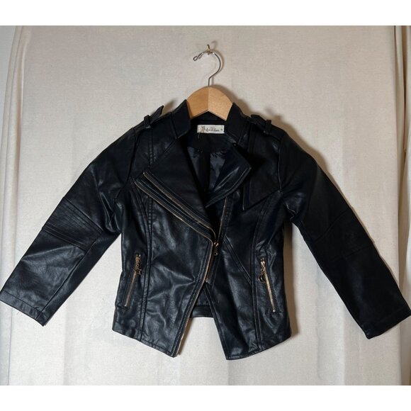 Doe a Dear Children's Size 5 Black Vegan Leather Moto Biker Style Zip Jacket - Picture 3 of 16